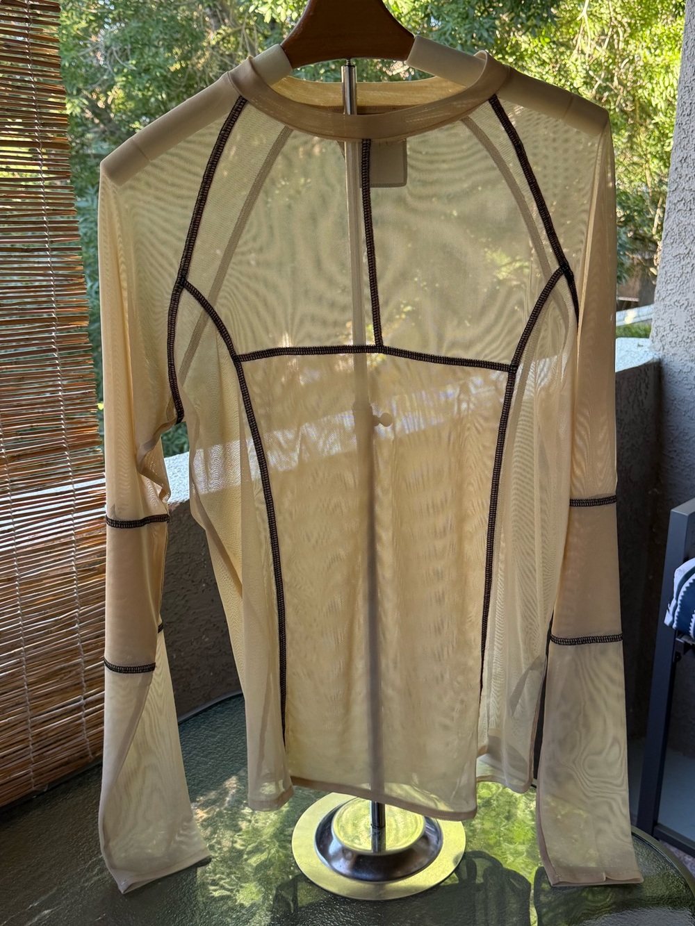 ORTTU Beige Sheer Mesh Top with Black Contrast Trim